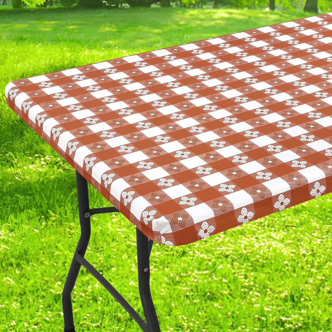 Rectangle Vinyl Table Cloth, Waterproof Elastic Fitted Tablecloth with Flannel Backing, Plastic Table Cover for Picnic, Camping, Outdoor (Rust & White, 30"x72")
