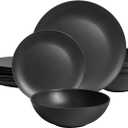 Dinnerware Sets 12 pcs Black Plates and Bowls Sets Melamine Plates Indoor and Outdoor use Matte Black Dish Set Plate Set for 4 Dishwasher Safe(Round)