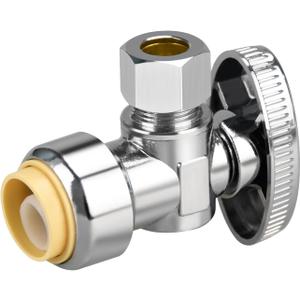 Stop Valves, 1/2"  3/8" Angle Stop Valve, 1/2" PTC Input, 3/8" OD Compression Output, Push to Connect, 1/4 Turn, Chrome Plated Brass for Faucet, Toilet Valves, No Lead