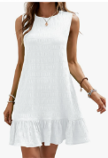 SOLY HUX Women's Ruffle Hem Sleeveless Tank Dress Round Neck Casual Jacquard Hem Smock Summer Mini Dresses, White, M