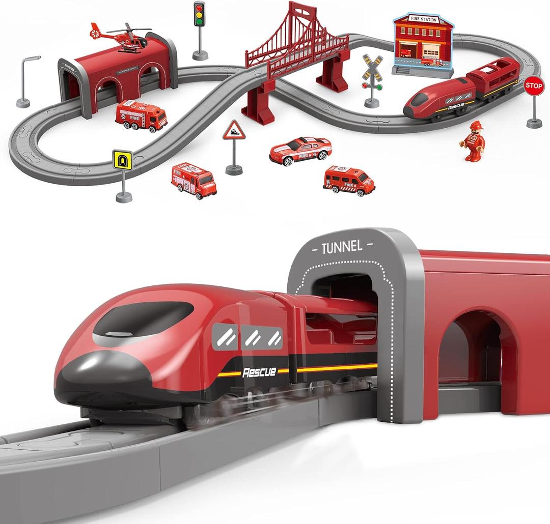 Wdmiya Train Sets for Toddlers, 66 Pcs Trains Toy with Battery Operated & Tracks (Magnetic Connection), Compatible with Thomas, Brio, Christmas Toy Gifts for 3 4 5 6 7 8 Years Old (Fire Engines)