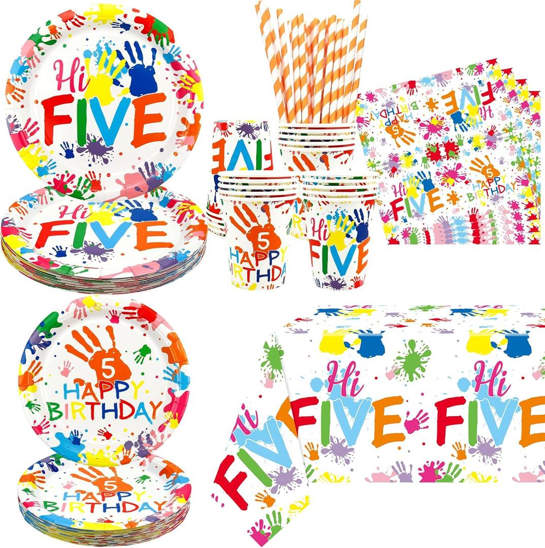 Hi Five Birthday Party Supplies, Includes Plates, Napkins, Tablecloth, Cups and Straws, for Kids Boys Girls 5th Birthday Party Decoration Serves 20