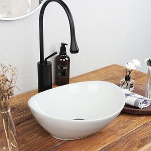 Small Oval Bathroom Vessel Sink Above Counter, QISHKA 14" x 12" Countertop Vanity Sink Modern Art Basin Lavatory Mini White Ceramic Bowl Sink