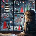 9 Christmas Tree Window Clings, Xmas Tree Snowflake Window Stickers,Merry Christmas Windows Clings, Red Black Xmas Trees Ball Snowflake Snowy Forest Glass Decals for Winter Home Party Decor