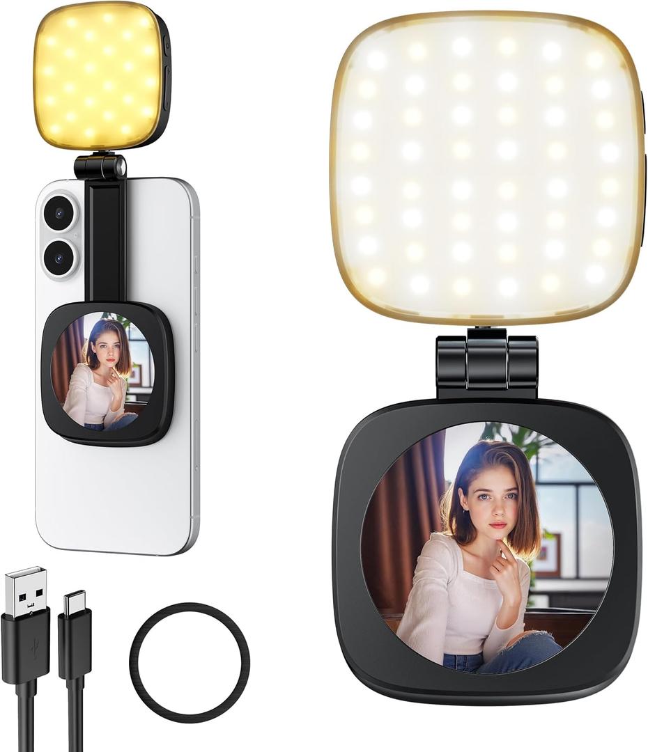 Cocobeen Magnetic Selfie Light for Phone: 5 Led Mode with Mirror Compatible for iPhone & Android - Rechargeable Portable Fill Light for Photography/ Video Recording/ Conference/ Vlog/ Makeup (Black)
