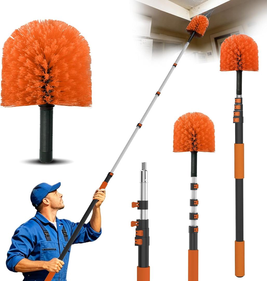 15FT Reach Cobweb Duster with Extension Pole - Spider Web Brush for Cleaning with 3-12FT 4-Section Flip-Lock Telescopic Pole, Effortlessly Cleans High Indoor & Outdoor Webs