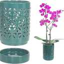 Ceramic Orchid Pot 4 Inch, Orchid Pots with Holes, Plant Pot for Repotting, Flower Planter Pot Indoor Outdoor, Breathable Slotted Orchids Planter Green (Carved)