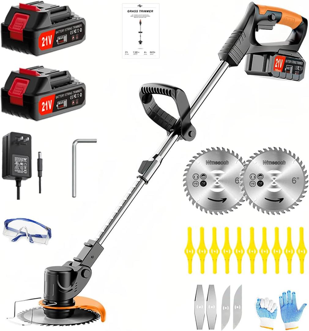 21V Cordless String Trimmer & Edger, 6" Cut, 2 Batteries, 3-Blade System (Plastic/Metal/Saw), Telescopic Pole, 180° Rotating Head – Lightweight Weed Wacker for Lawn, Garden & Yard