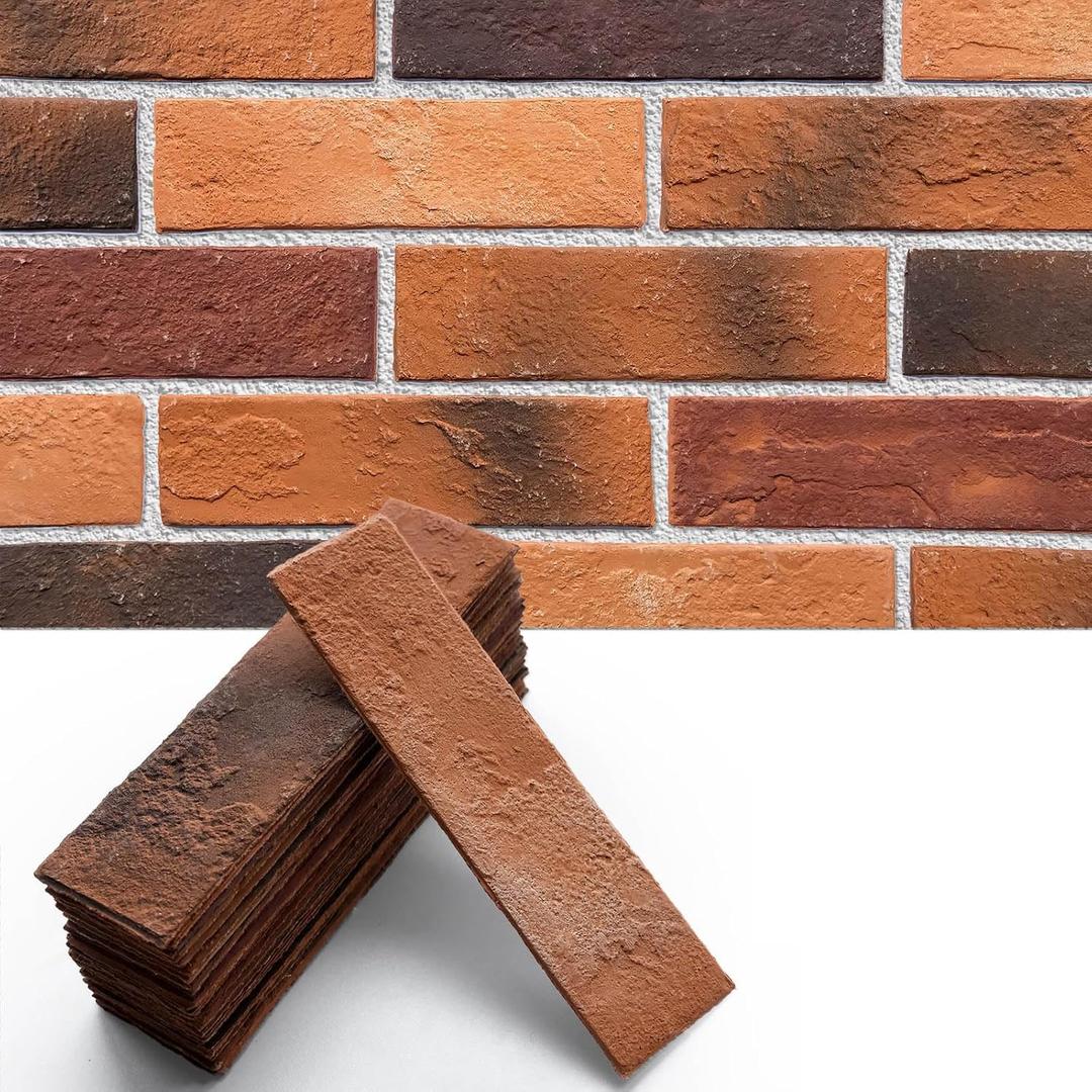 Red Faux Brick Wall Tiles, 3D Thin Brick Veneers for Indoor Outdoor Wall Decoration, for TV Background, Bedroom, Bathroom, and Fence Wall Panels 76pcs 10 sq.ft (More Orange)