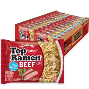 Nissin Top Ramen Noodle Soup, Beef, 3 Ounce (Pack of 24) (EXP 05/29/27)