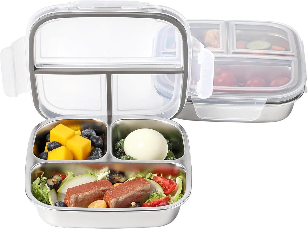 2 Pack Stainless Steel Snack Containers with Lids 3 Compartment Snackle Box Container Lunch Box for Adults Meal Prep Bento Box Containers Reusable Work (2, Gray, 600ml)