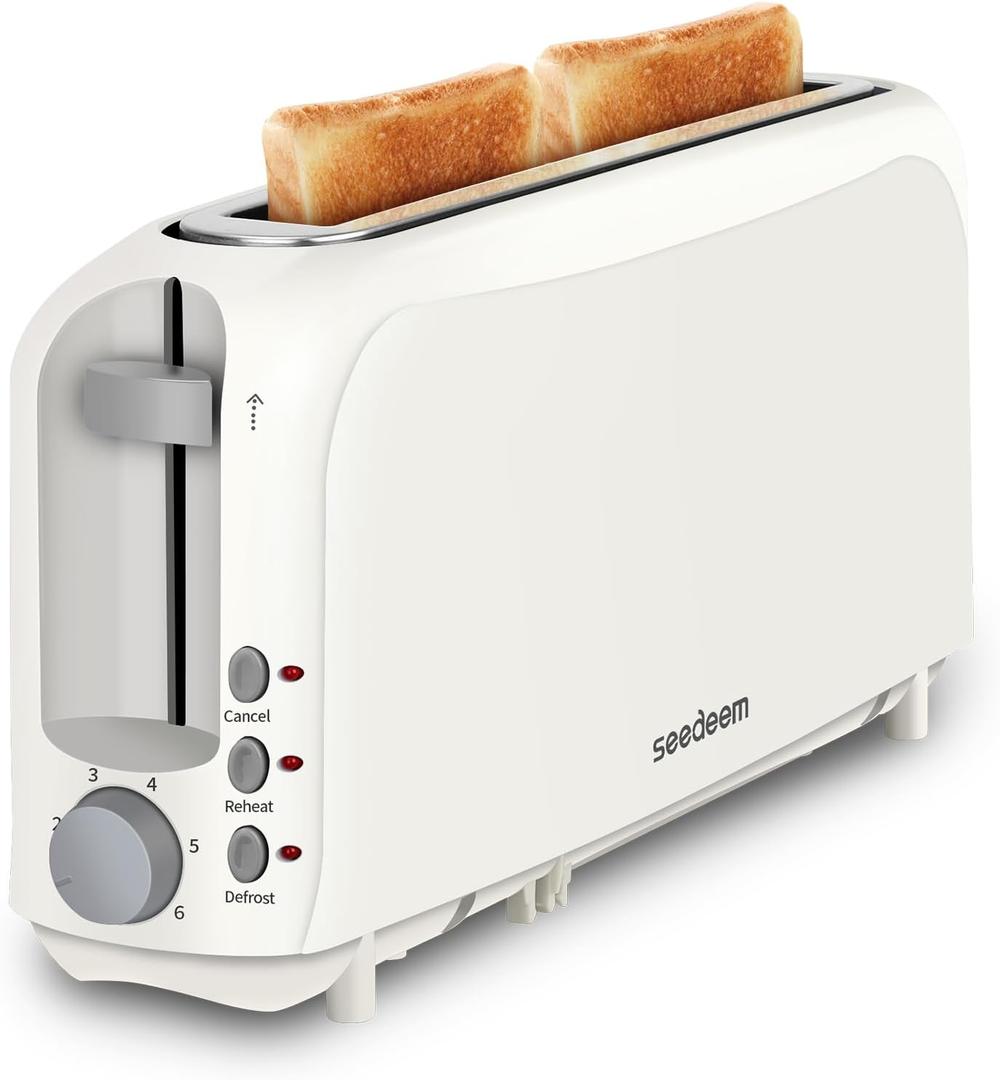 SEEDEEM 2 Slice Slim Toaster, Single 10" Long Slot Toaster Fits Bagels & Artisan Bread, 6 Shade Settings, Cancel/Reheat/Defrost, Removable Crumb Tray, Auto Shut-Off, White (3.54 x 14.37 x 6.89 inches)