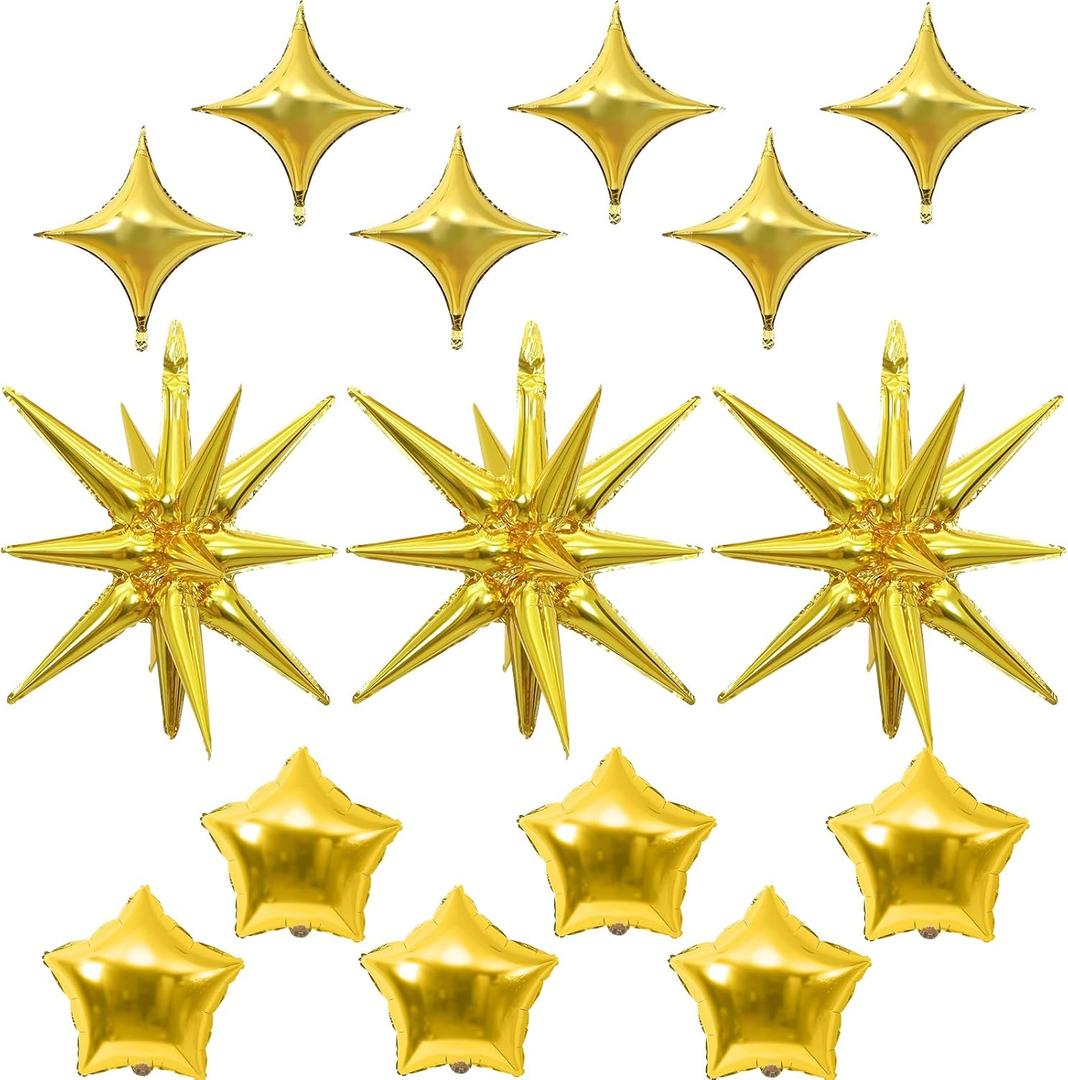 Gold Star Balloons, 22in Large Star Balloons Foil 10in 4-Pointed & Gold Pentagram Balloon for Graduation New Year Retirement Wedding Anniversary Birthday Party Decorations