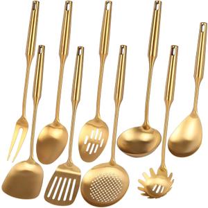Gold Kitchen Utensils Set - Stainless Steel Cooking Tools, 15" All Metal Serving Utensils with Fork, Solid/Slotted Spoon, Spatula, Ladle, Skimmer, Tunner, Pasta Spoon, Large Spoon, Set of 9