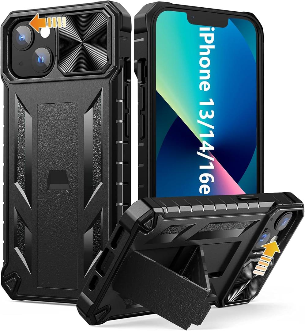 SOiOS for iPhone 16e Case 2025: iPhone 13 iPhone14 Cover with Kickstand | Shockproof Military Grade Protective Cell Phone Case | TPU Durable Rugged Bumper Textured Matte Hybrid Design (Black)