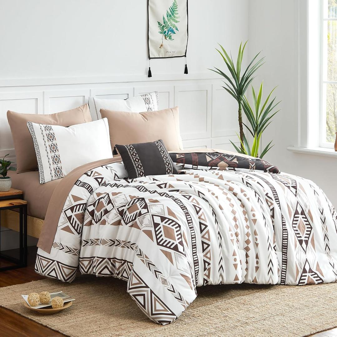 Geniospin King Size Comforter Set, Boho Bed in a Bag 8-Pieces Bedding Set, Reversible Aztec Design, Lightweight, Warm and Breathable (Brown, 102x90 Inches)