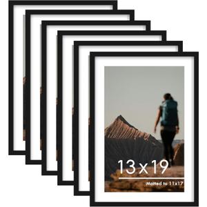 PEALSN 13x19 Picture Frame Set of 6, Display Pictures 11 x 17 with Mat or 13 x 19 without Mat for Wall Mounting Display, Poster Frames Collage for Wall Decor, Black