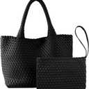 Woven Tote Bag for Women, Vegan Leather Handwoven Bags with Small Handmade Purse, Large Travel Beach Braided Top Handle Handbags (Black)