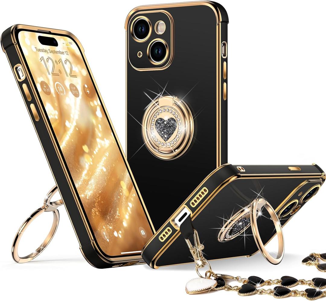 XYZ for iPhone 15 Case with Stand, Phone Case with Double Ring Kickstand, Women Girls Bling Luxury Protective Case Heart for iPhone 15, Black