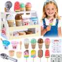 Mini Wooden Ice Cream Toys for Kids Pretend Play Kitchen Food Toys, Counter Shop Playset for Toddlers with Scoop & Menu & Fake Money for 3 4 5 6 Year Old Girls Boys Christmas Birthday Gifts