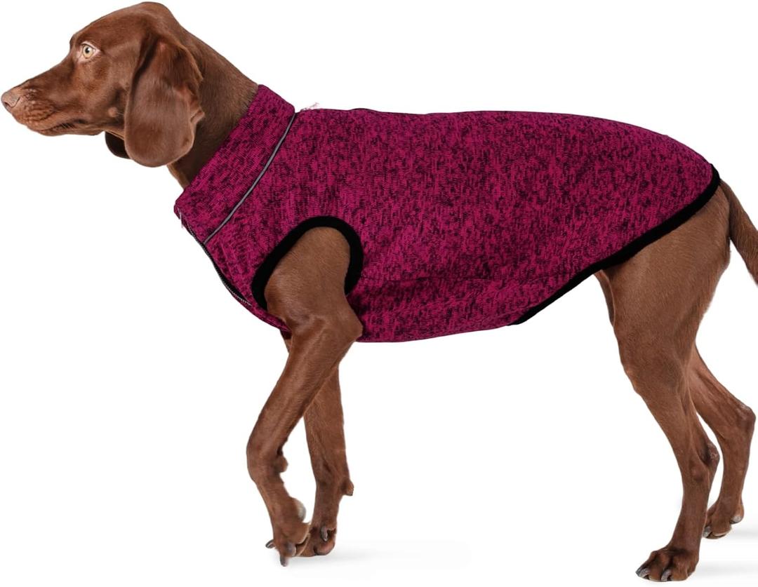 ROZKITCH X-Large Dog Sweater, Stretchy Jacket with Fleece Lining, Knit Pet Coat for Large with Zipper Opening for Harness, Fleece Jumpsuit Adjustable Neck Reflective Pet Jacket Rosered XL (XL(Chest:24.4" Back:18.1"))