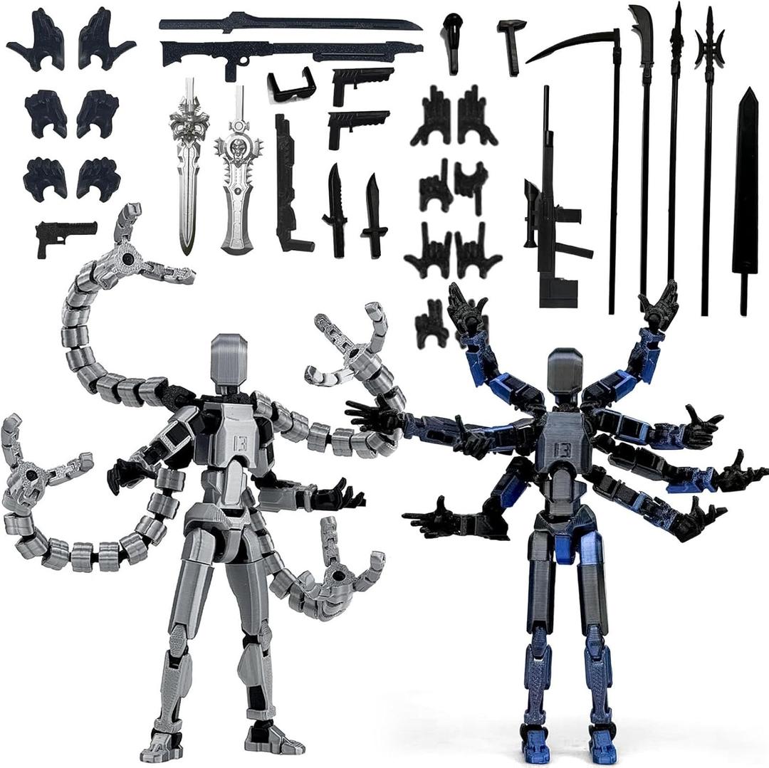 2PCS T13 (Assembly Completed) Action Figure Set, 3D Printed Action Figure,3D Printed Toys Stick Figure,Collectors Decorations for Game Lovers Toys (Silver Blue)
