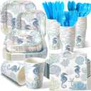 350 Pcs Summer Seashell Beach Party Decorations Serves 50 Starfish Seashell Beach Party Plates Tableware Starfish Coral Disposable Paper Plates Napkin Cup Knife Fork Spoon for Ocean Birthday