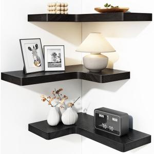 Fixwal Corner Floating Shelves for Wall Mounted Natural Solid Wood 16"x11.4" Farmhouse Home Decor Display Shelving Set of 3 (Black)