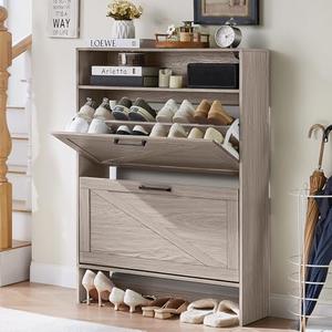RWYHG Shoe Cabinet with 2 Flip Drawers, Narrow Entryway Organizer,Grey | 9.44" slim design with 2 flip drawers, adjustable shelves, open storage and room for up to 16 pairs of shoes