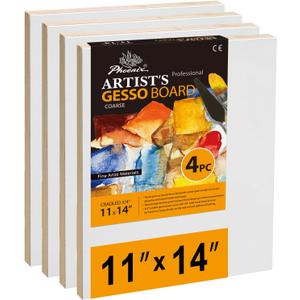 PHOENIX Gesso Boards for Painting - 11x14 Inch / 4 Pack - Coarse Surface 3/4 Inch Cradled Wood Panels for Oil & Acrylic Paints, Crafts & Pouring Art