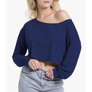 Off Shoulder Crop Top for Women Workout Gym Dance Top Spring Summer Top Boat Neck Loose Casual Long Sleeve T Shirt XL
