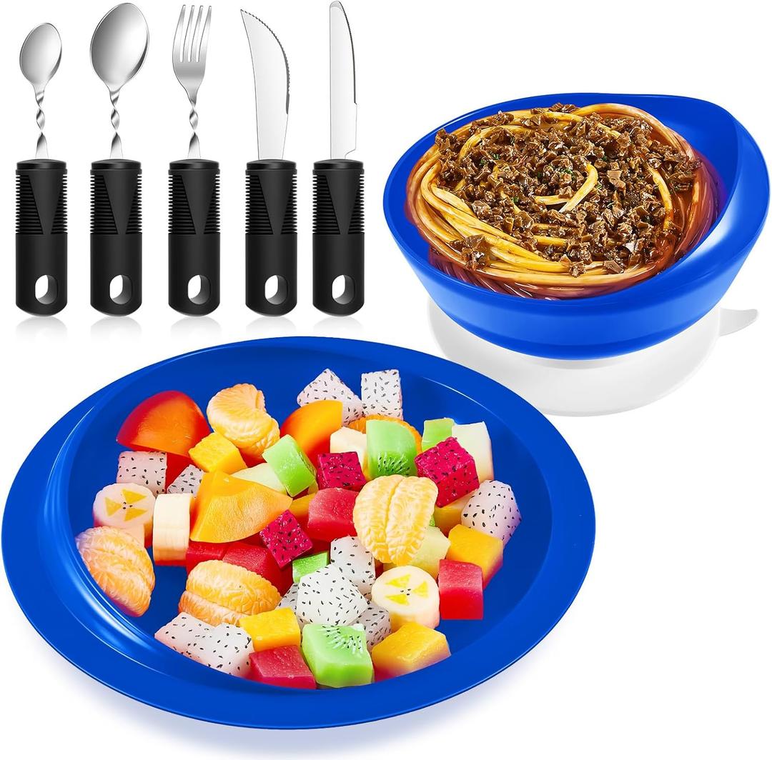 2 Sets Adaptive Utensils Bowl and Plate Set Adaptive Self Feeding Dinnerware with Suction Base Non Slip Bendable Cutlery for Elderly Disabled Hand Tremors Arthritis Parkinson (Blue)