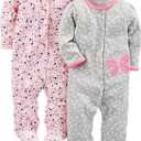 Simple Joys by Carter's Baby Girls' 2-Pack Cotton Snap Footed Sleep and Play (0-3 Months, Grey Butterfly/Pink Floral)