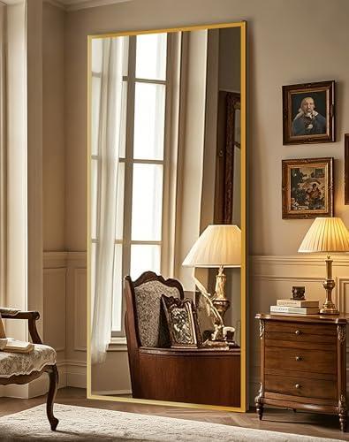 Full Length Standing Mirror,Large Floor Mirror with Aluminum Frame for Bedroom, Bathroom, Living Room,Wall Mount or Freestanding Design(with Stand,Rect 75x35-Gold)