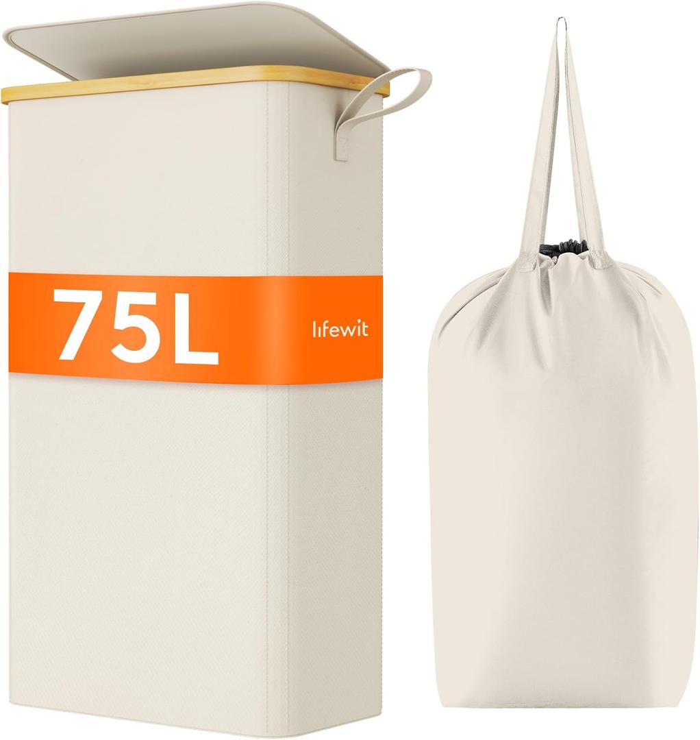 Lifewit 75L Slim Laundry Hamper with Lid, Narrow Laundry Basket with Removable Bag & Bamboo Handles, Fodable Thin Dirty Clothes Hamper for Laundry Collapsible Bin for Bathroom Bedroom Dorm, White (75L, White)