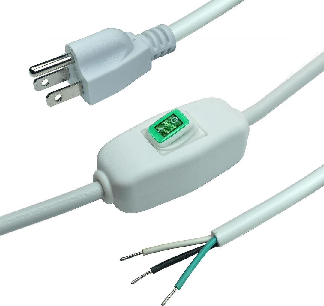 6FT 18 Gauge 3 Prong Heavy Duty Replacement Powe Cord Cable with Green Indicator Light ON/Off Switch,10A125V 18AWG White