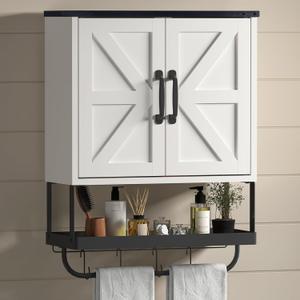 Bathroom Cabinet Wall Mounted with 2 Barn Door, Wood Medicine Cabinet Organizer with Adjustable Shelf and Towel Bar, Storage Cabinet for Bathroom, Laundry, Living Room (White)