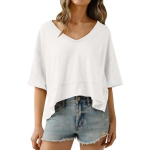 Cicy Bell Womens Oversized Crop T-Shirts Summer V Neck Short Sleeve Tops Casual Loose Fit Curved Hem Boxy Tee Shirt
