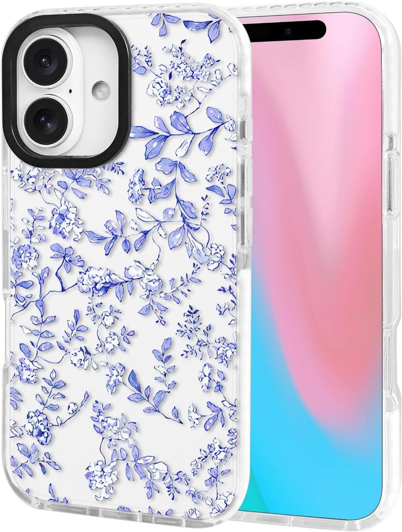 ChiCsFleur for iPhone 16 Case, TPU Phone case with Camera Protection for Women Girls Teens - Blue Fall Petal Blossom Floral Chinoiserie Decor Minimalist Gift Design Sorority Aesthetic Unique (LapisPeony)