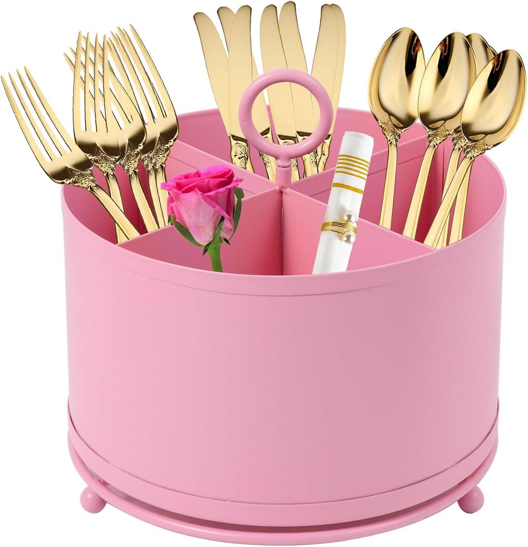 360Rotating Metal Utensil Caddy 4 Compartment Silverware Cutlery Holder Fork Spoon Napkin Organizer Flatware holder with Handle For Picnic Camping Party - Pink