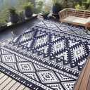 OLANLY Outdoor Rug Waterproof 10x14 ft, Reversible Outdoor Plastic Straw Rug, Boho Patio Rug, Indoor Outdoor Carpet, RV Mat Outside for Patio, Camp, Picnic, Balcony, Deck, Backyard, Navy & White