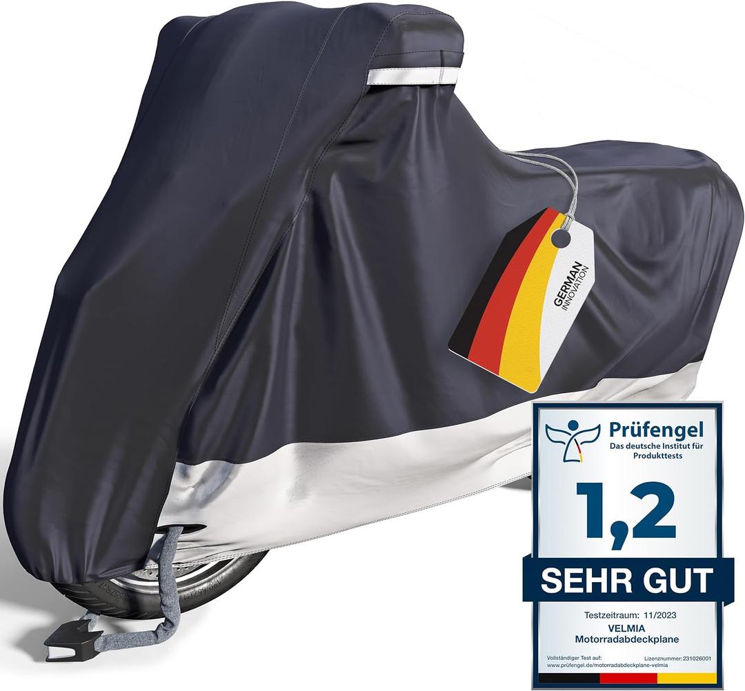 VELMIA Motorcycle Cover Extremely Heat Resistant up to 550 F I High Standard Motorcycle Cover Waterproof Outdoor for All Seasons, Motorcycle Storage, Scooter Cover, Moped Cover, Harley Cover