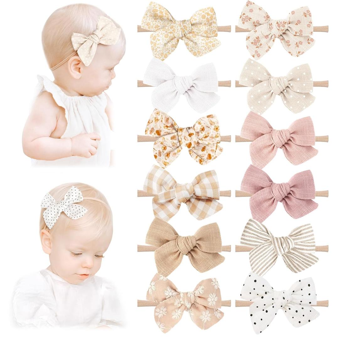 Niceye Handmade Hair Accessories: 12 Packs of Stretchy Nylon Headbands and Bows for Newborns, Infants, Toddler Girls (Beige)
