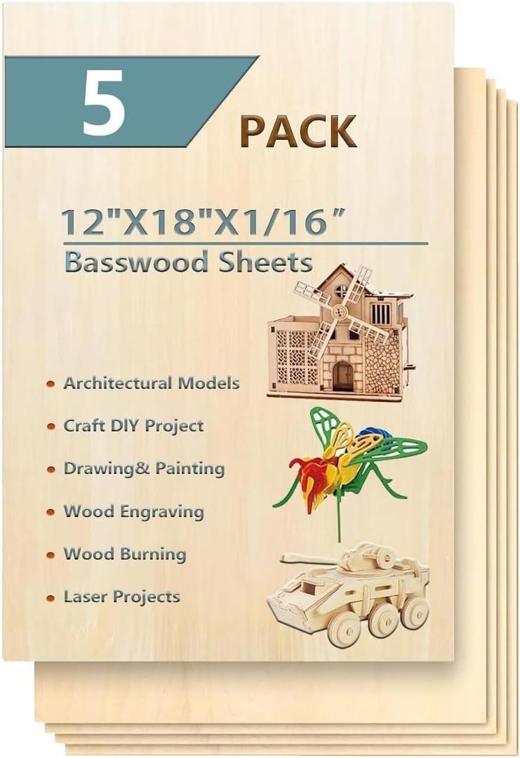 5 Pack 12"x18"x1/16 Basswood Sheets for Crafts- Thin Plywood Sheets - Balsa Wood Sheets -Unfinished Wood Boards for Painting,Laser Cutting,Engraving, Burning and CNC Cutting