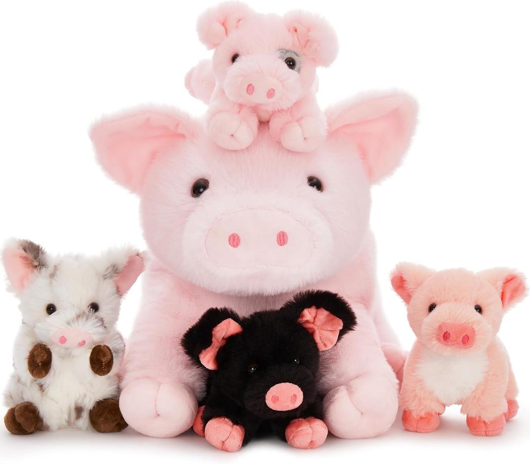 5Pcs Pig Stuffed Animal, 16 Inch Mommy Pig Plush with 4 Soft Cuddly Baby Piggy Plushies in Mother Pig's Belly, Kawaii Chirstmas Birthday Gift for Girls Boys Kids, Baby Shower Decor