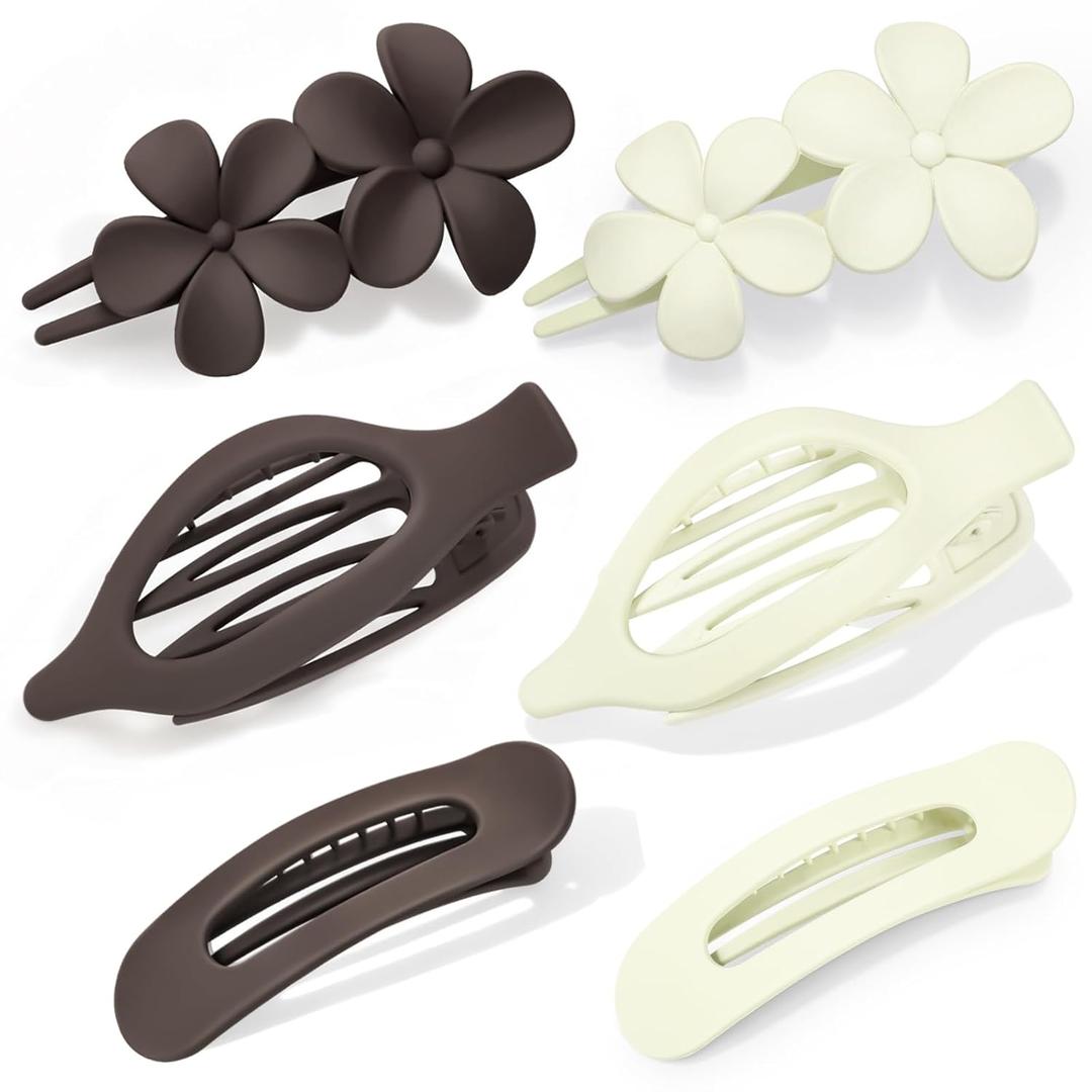 Obeoby 6 PCS Flat Hair Clips for Women, 3 Types French Flat Claw Clips for Thin Thick Hair Barrettes Large Medium (Off-white, dark brown)