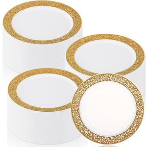 Skylety 100 Pieces White and Gold Plastic Plates Bulk 6 Inch Plastic Disposable Dessert Plates with Gold Lace Rim for Party Birthday Wedding Holiday Anniversary Supplies