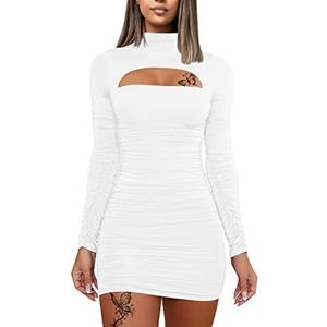 DAAWENXI Women's Sexy Long Sleeve Cut Out Bodycon Ruched Party Club Mini Dress (S, White)