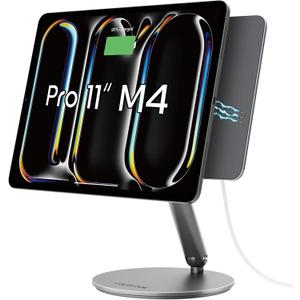 LULULOOK Magnetic Wireless Charging Stand for iPad Pro 11" M4 & M5, 360 Rotating Base with Anti-Slip Pad, Aluminium Alloy Foldable iPad Pro Stand Tablet Holder for Desk, USB C Cable Included