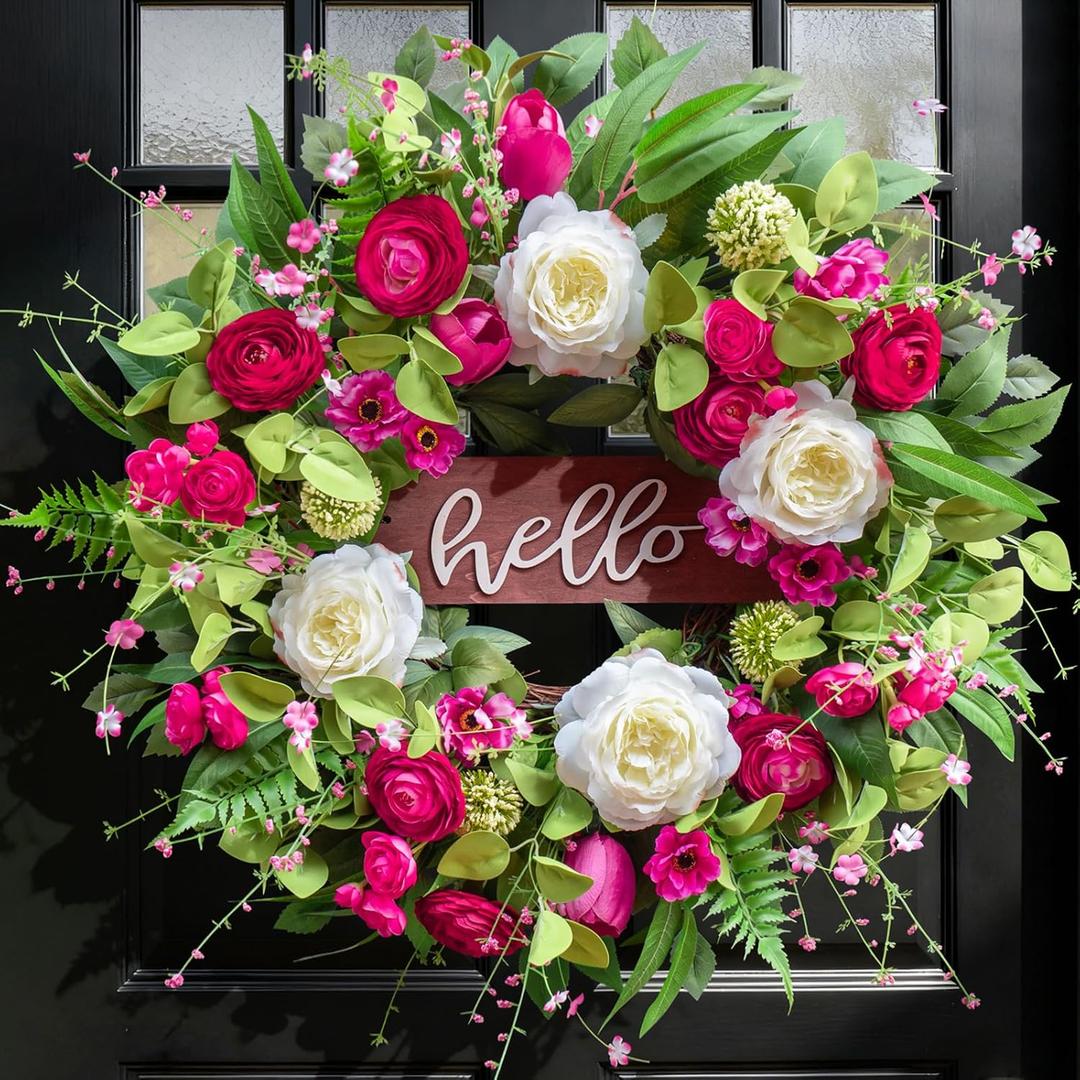 Pinkpuii Spring Wreaths for Front Door Outside 24 Inch Spring Summer Wreath with Vibrant Pink Peony,Tulip & White Rose Flowers and Hello Wooden Sign,Ideal for Farnhouse Porch,Wall,Window Dcor